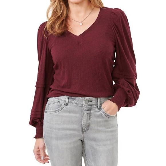 Democracy Blouson Puff Sleeve Maroon Garnet Blouse Large Boho Holiday Casual - Picture 1 of 6